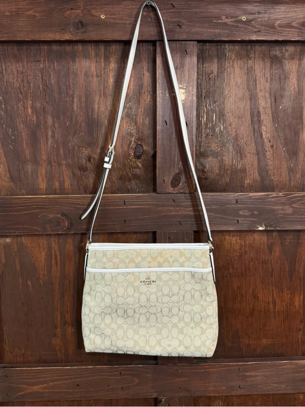 Coach Signature Canvas Crossbody in Beige with White Trim